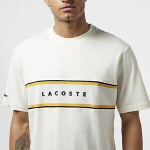 Lacoste Short Sleeve Cream w/ Gold Stripe T Shirt Crocodile Arm Logo‎ Size XXL